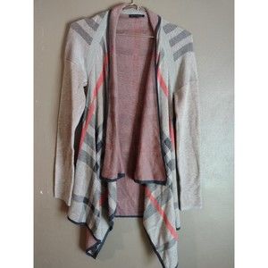 Staccato S/M Small Med Gray Tan Peach Plaid Open Front Cardigan Poncho Sweater